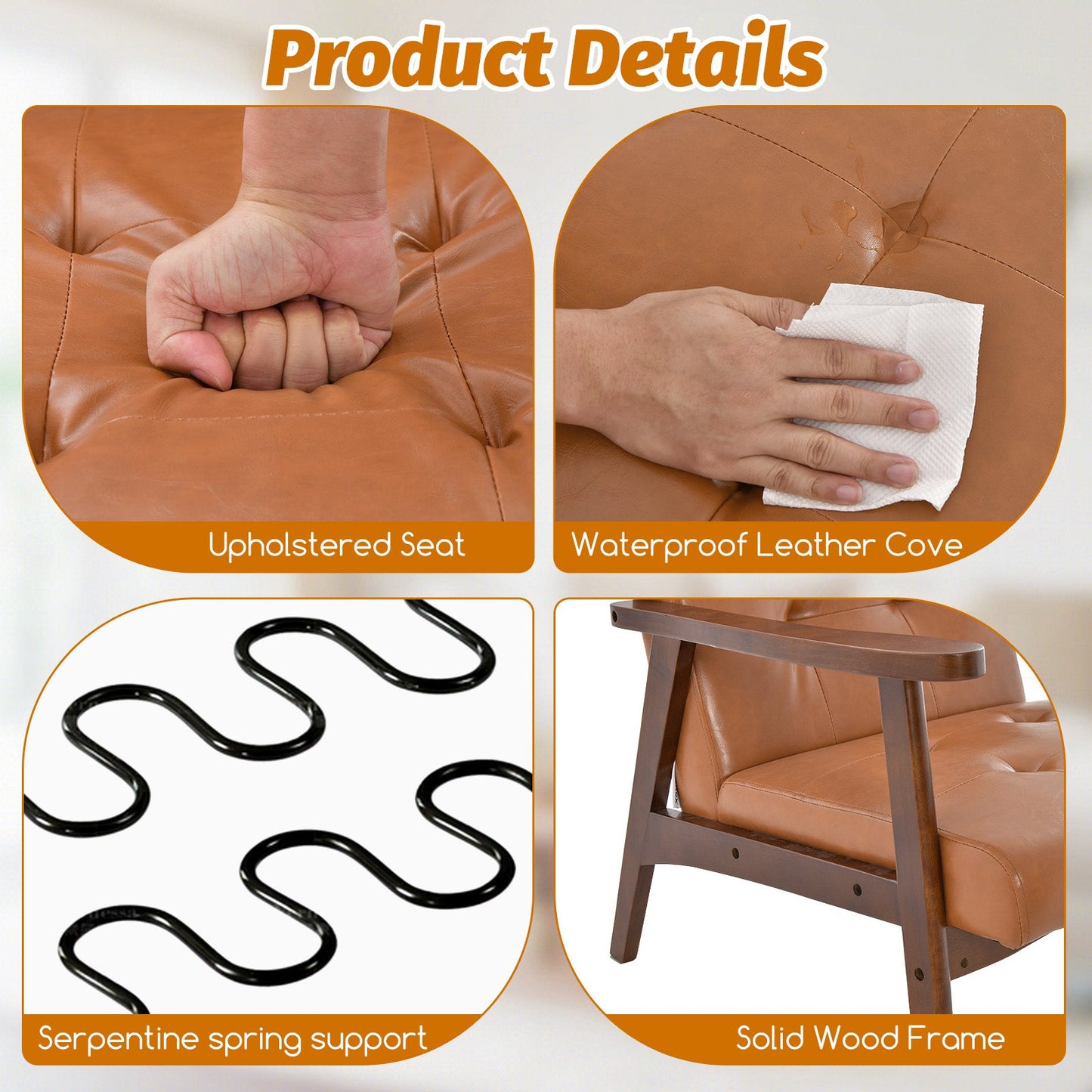 DirectDeals Mid Century Modern Waterproof Brown Leather Accent Chair with solid rubberwood frame on Tampa Home & Garden Store