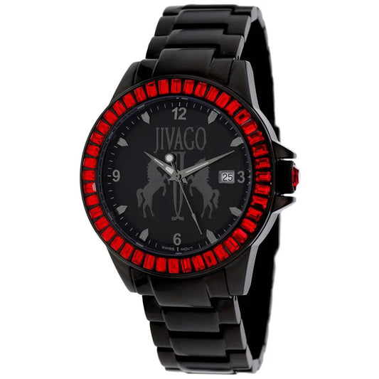 Jivago Folie black stainless steel watch with red bezel, black dial, date at 3, steel band on Tampa Home & Garden Store