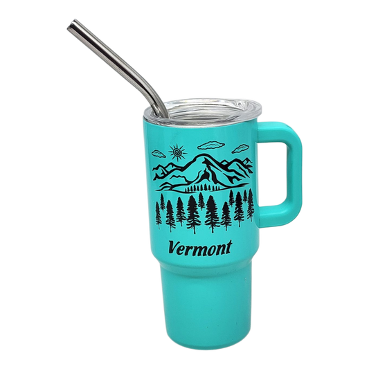 Vermont Mountains 4oz shooter tumbler with turquoise enamel and stainless steel straw on Tampa Home & Garden Store
