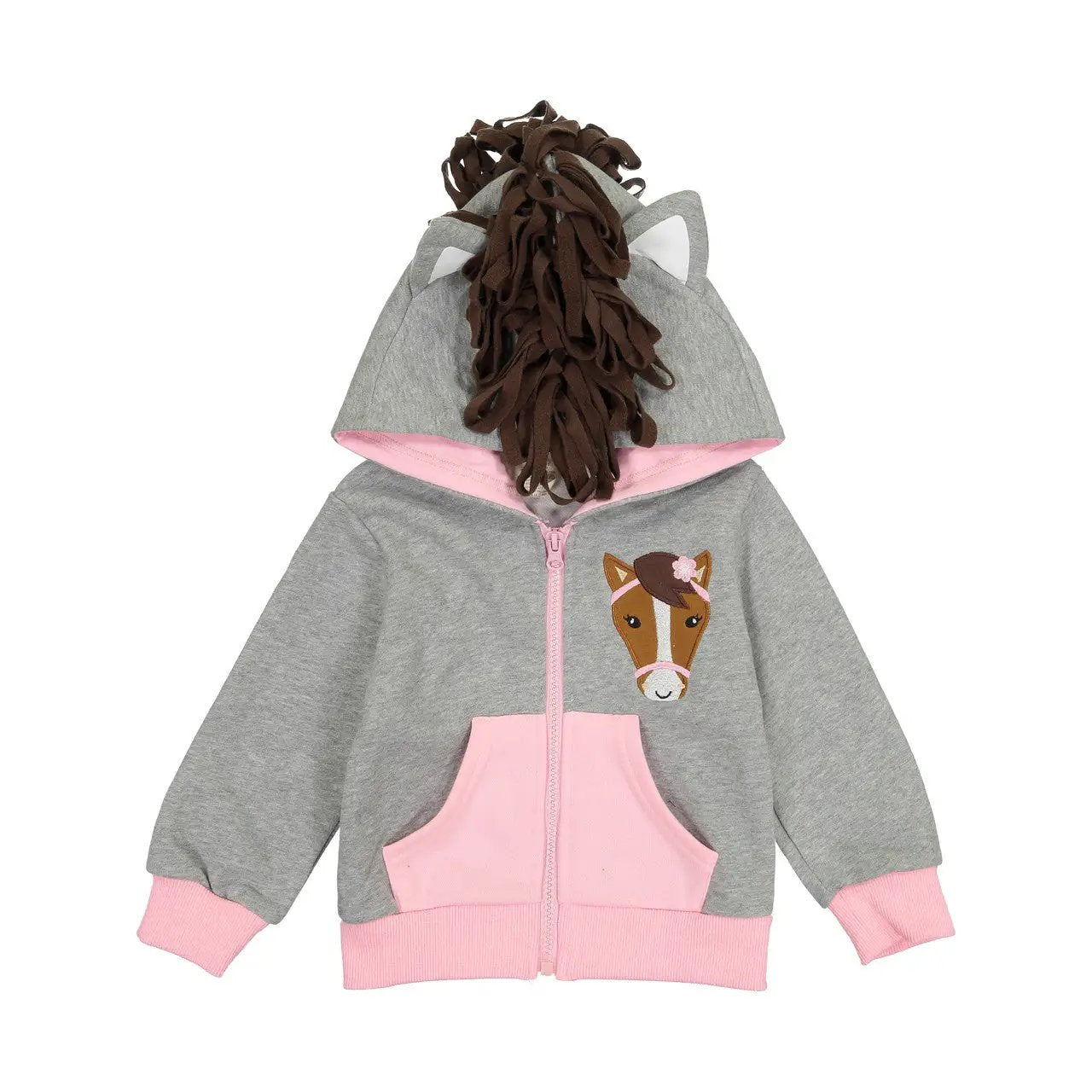 Pink Horse 3D Kids Hoodie with ears gray body, pink pocket, brown yarn mane, horse face on Tampa Home & Garden Store