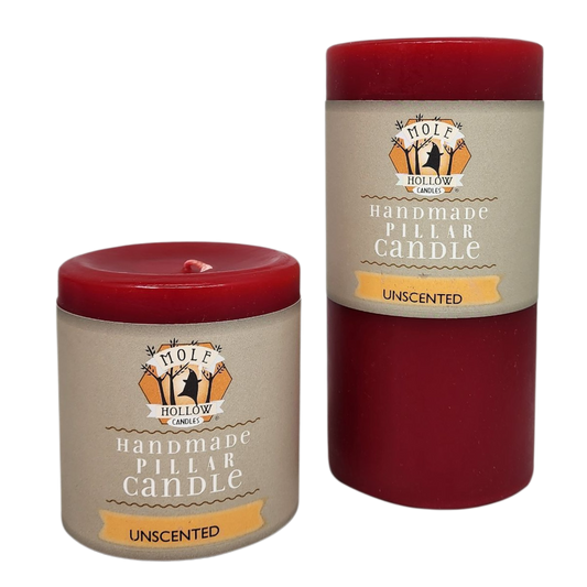 Mole Hollow red unscented handmade pillar candle with logo on Tampa Home & Garden Store