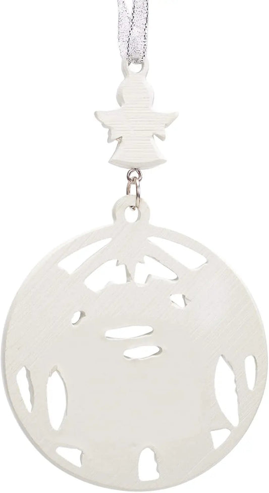 Soft White Angel Nativity Ornament Baby's First with angel topper and disc on silver chain on Tampa Home & Garden Store