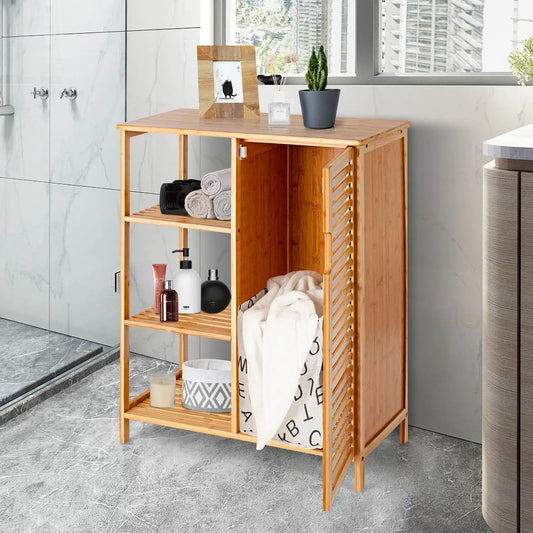 Bamboo Bathroom Storage Cabinet with Single Door natural finish; open shelves for towels on Tampa Home & Garden Store