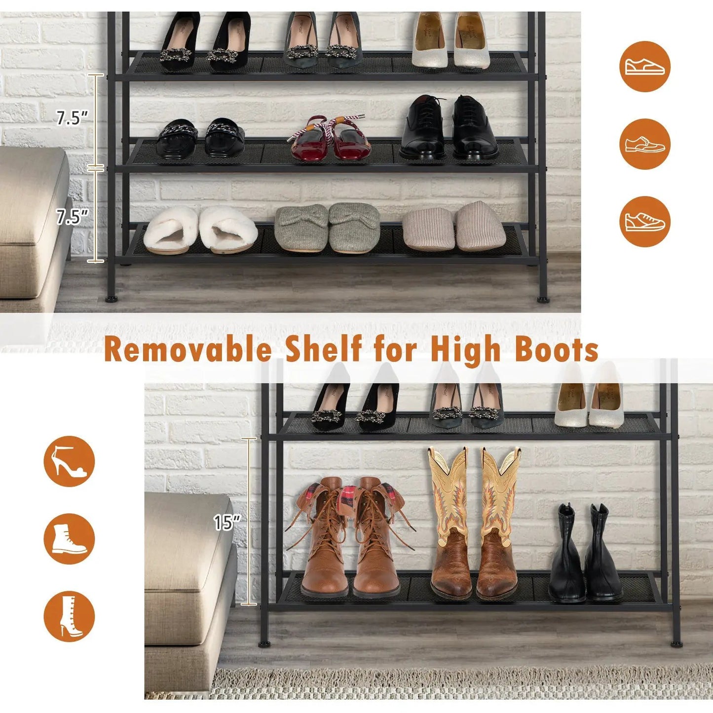 Industrial adjustable five-tier black metal shoe rack with mesh shelves holding assorted footwear on Tampa Home & Garden Store