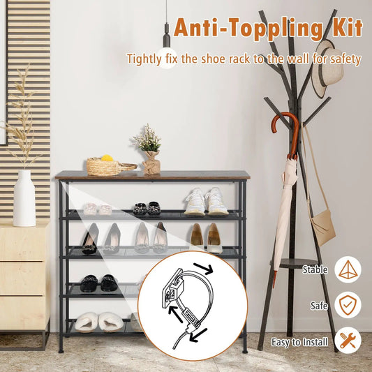 Industrial adjustable five-tier shoe rack with black metal frame and mesh shelves DirectDeals on Tampa Home & Garden Store