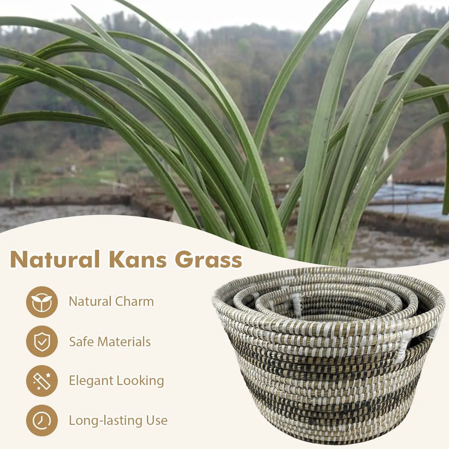 Natural Canes Grass Baskets Stackable Storage Bins Set of 3 with Hollowed Handles - Tampa Home & Garden Store