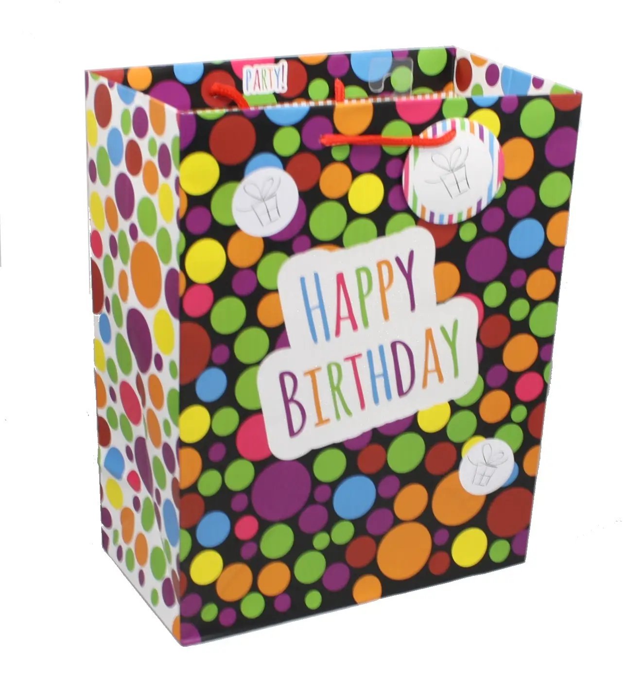 Happy Birthday Dot Bubble Gift Bag with Tag colorful polka-dot design and red rope handles on Tampa Home & Garden Store