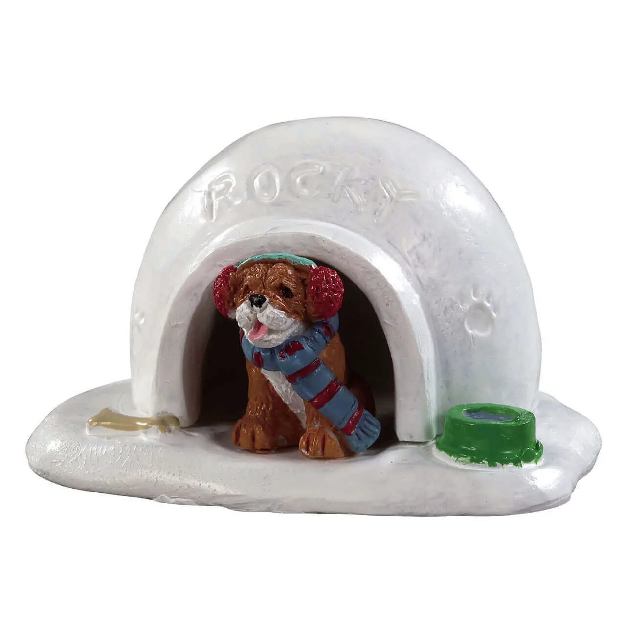 Igloo doghouse with Rocky puppy, white igloo, brown dog in blue-red scarf on Tampa Home & Garden Store