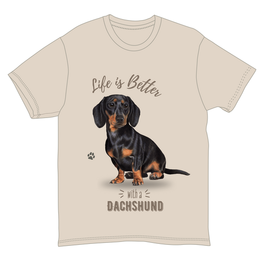 Beige dachshund graphic T-shirt with Life is Better with a Dachshund text on Tampa Home & Garden Store