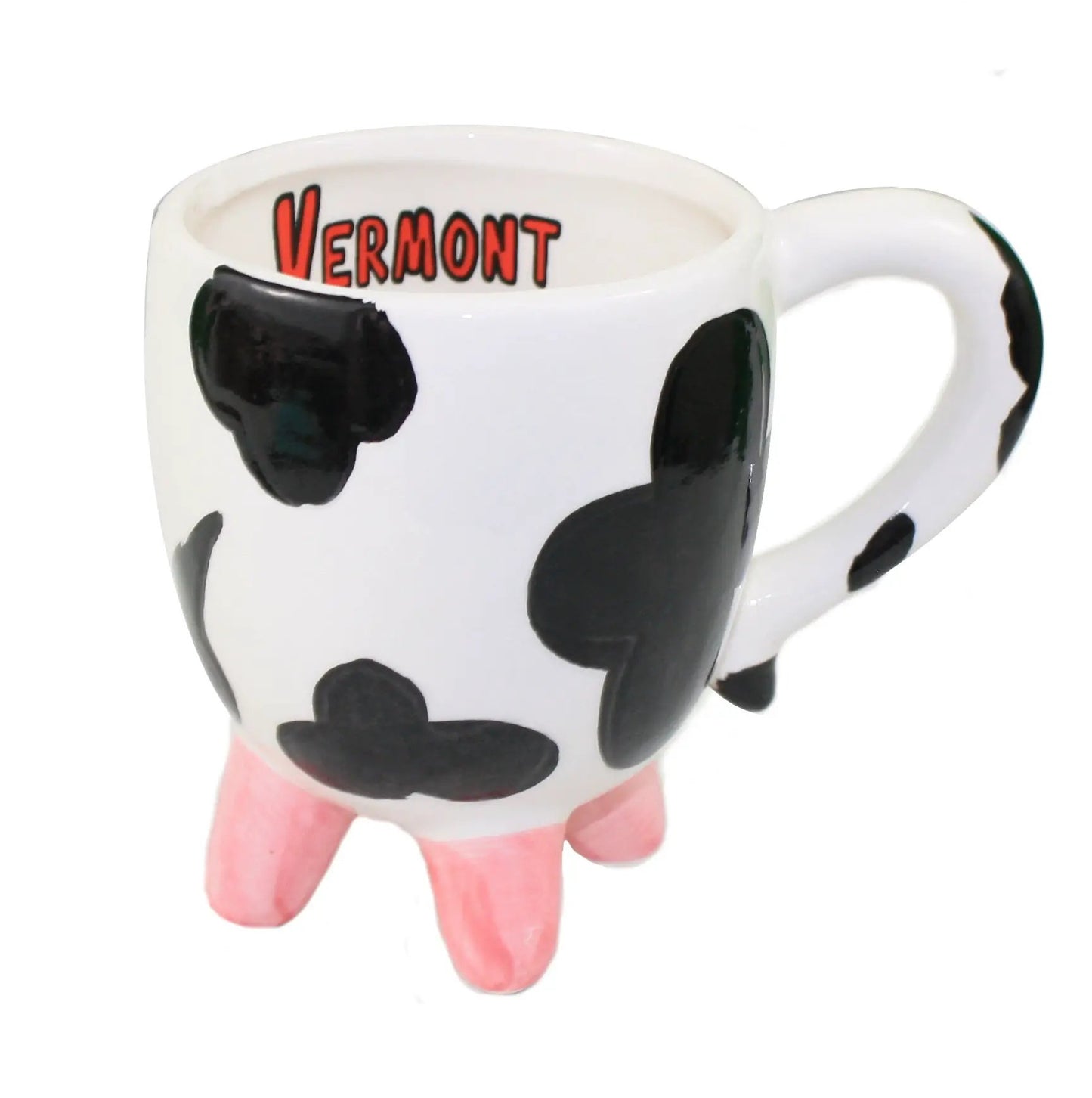 Cow-print Vermont mug 20oz ceramic gift with black cow spots and pink legs on Tampa Home & Garden Store