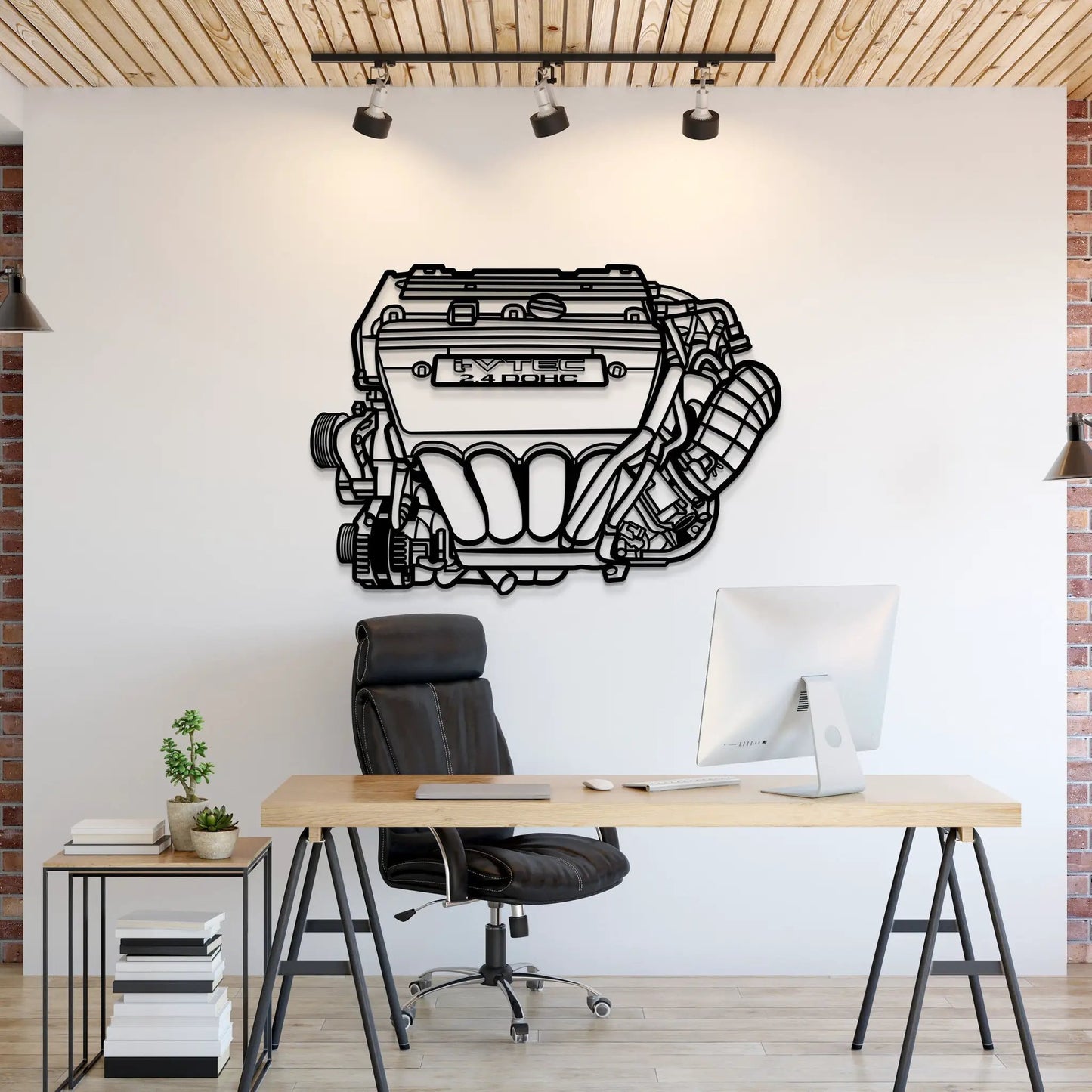 Honda K24 Metal Engine Block Wall Art by Modello Turbo in black metal line art on a white wall on Tampa Home & Garden Store