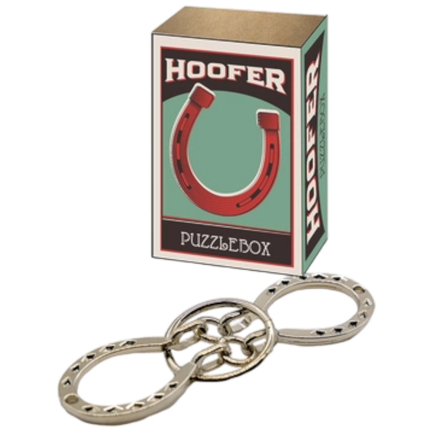 Puzzlebox Brainteaser Hoofer gift box with red ring artwork on teal panel and metal rings on Tampa Home & Garden Store