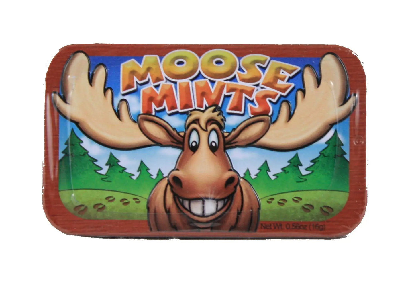Moose Mints flour sack towel design with cartoon moose on bright blue label and red border on Tampa Home & Garden Store