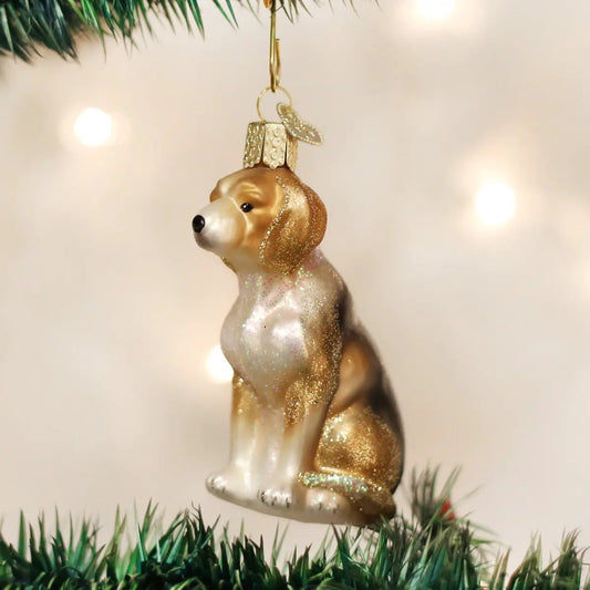 Beagle ornament blown glass in gold and silver glitter by Old World Christmas on Tampa Home & Garden Store