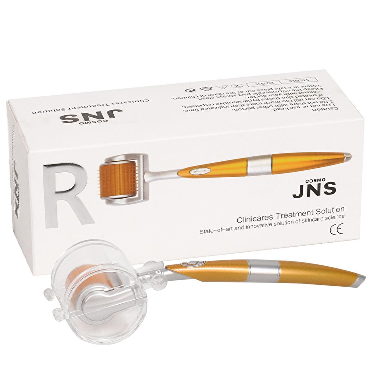 Cosmo JNS Derma Roller with 192 titanium needles for acne treatment, orange handle, boxed on Tampa Home & Garden Store