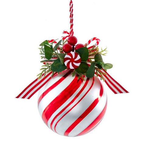 Peppermint Glass Ball Ornament red-white stripes with greenery Country Christmas Loft candy on Tampa Home & Garden Store