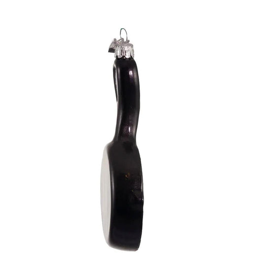 Frying pan glass ornament, black exterior with white interior, hanging cap on Tampa Home & Garden Store