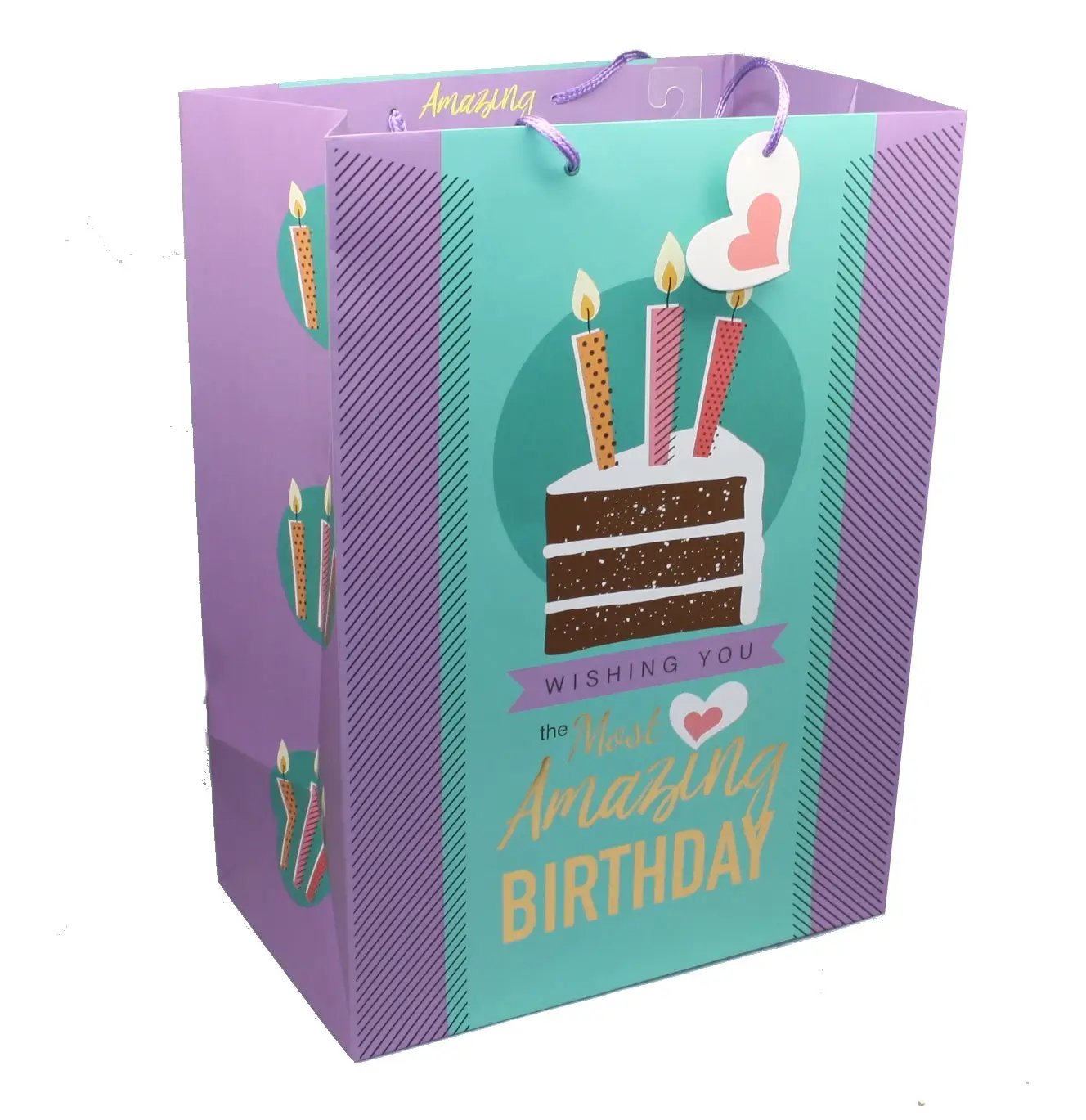 Mega Jumbo Birthday Cake Slice Gift Bag in purple and teal by Country Christmas Loft with candle on Tampa Home & Garden Store