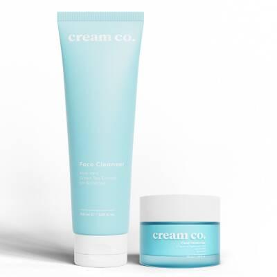 Cream Co. vegan skincare set with pastel blue face cleanser tube and moisturizer jar on Tampa Home & Garden Store
