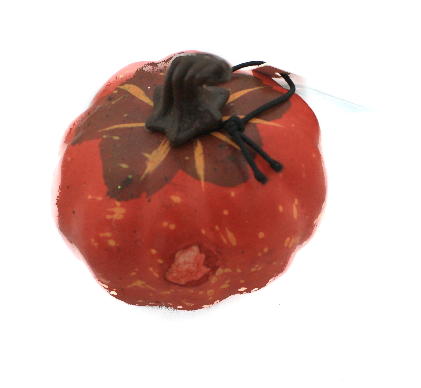Faux tomato gourd artificial fruit for autumn centerpiece in orange-red with stem and black cord on Tampa Home & Garden Store