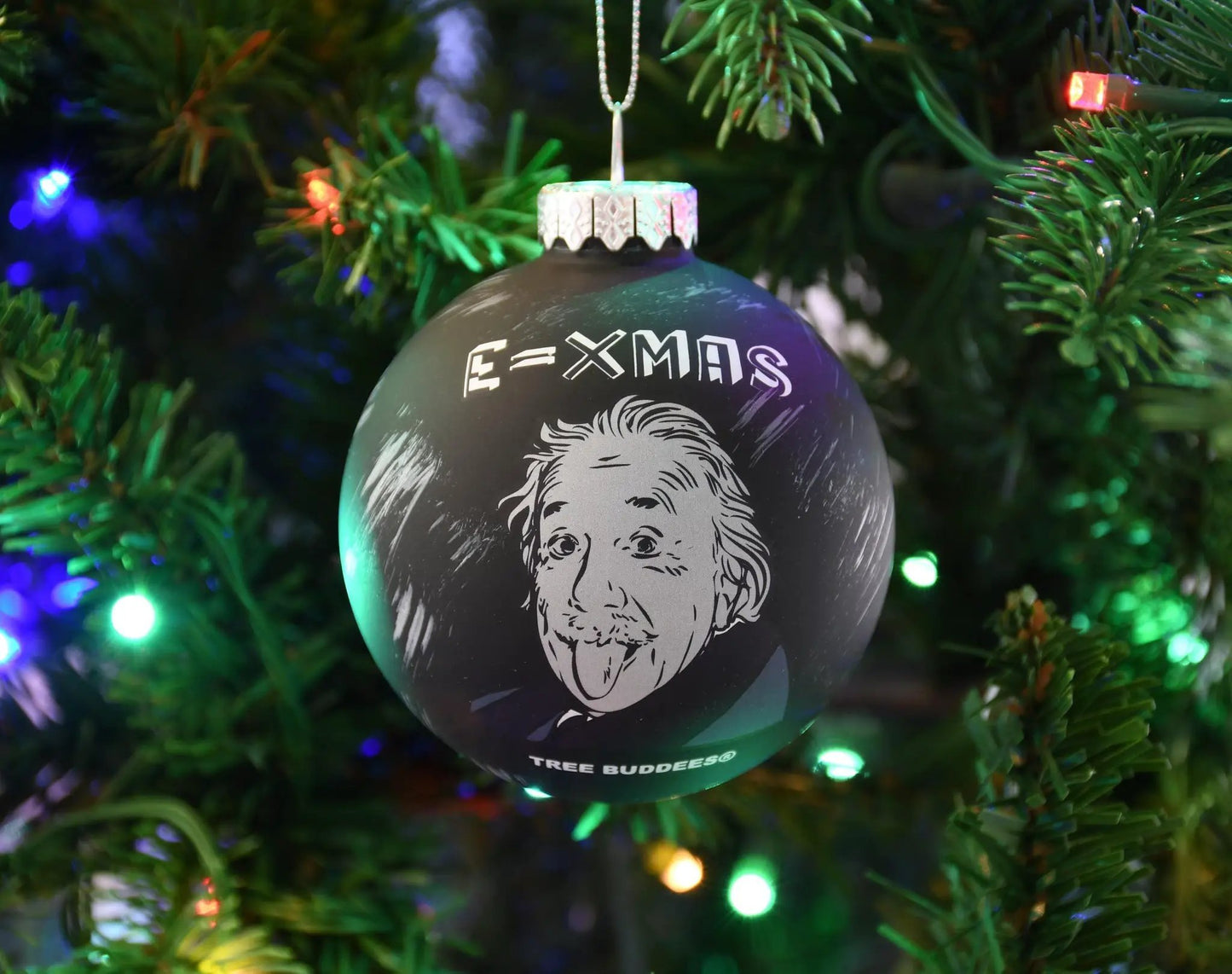 Albert Einstein glass Christmas ornament matte black finish with E=XMAS design on Tampa Home & Garden Store