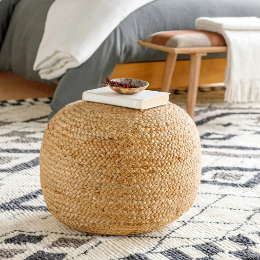 Kaumakani knitted jute round pouf ottoman, natural tan, Boutique Rugs on Tampa Home & Garden Store