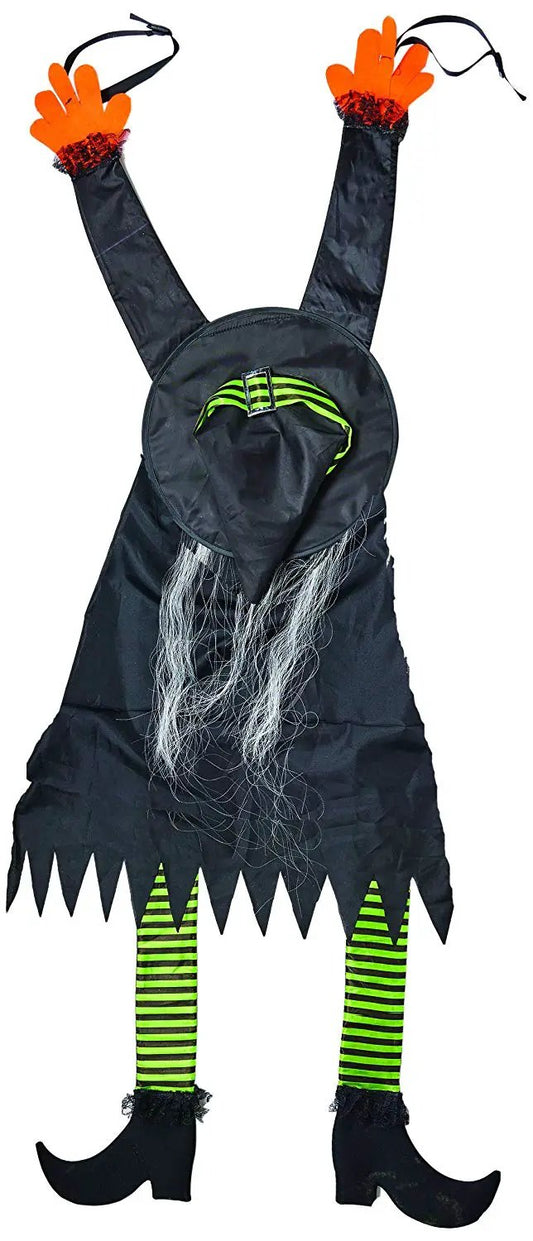 Crashing Witch 71 Inch Halloween Wall Decor with black dress, neon green striped legs on Tampa Home & Garden Store