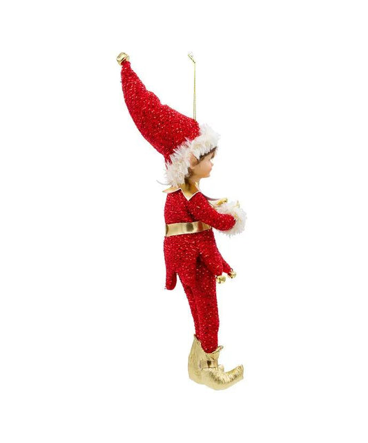 Kringles Red and Gold Elf Ornament, red sequined elf with fur trim and gold boots on Tampa Home & Garden Store