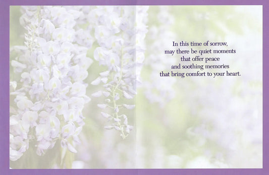 Floral Comfort Sympathy Card With Premium Insert, purple border and white blossoms on Tampa Home & Garden Store