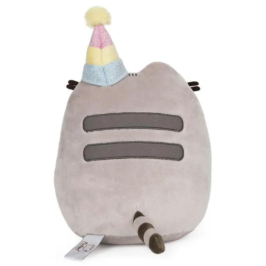 Birthday Cake Pusheen Smiling Plush stuffed animal with pastel party hat and gray body on Tampa Home & Garden Store