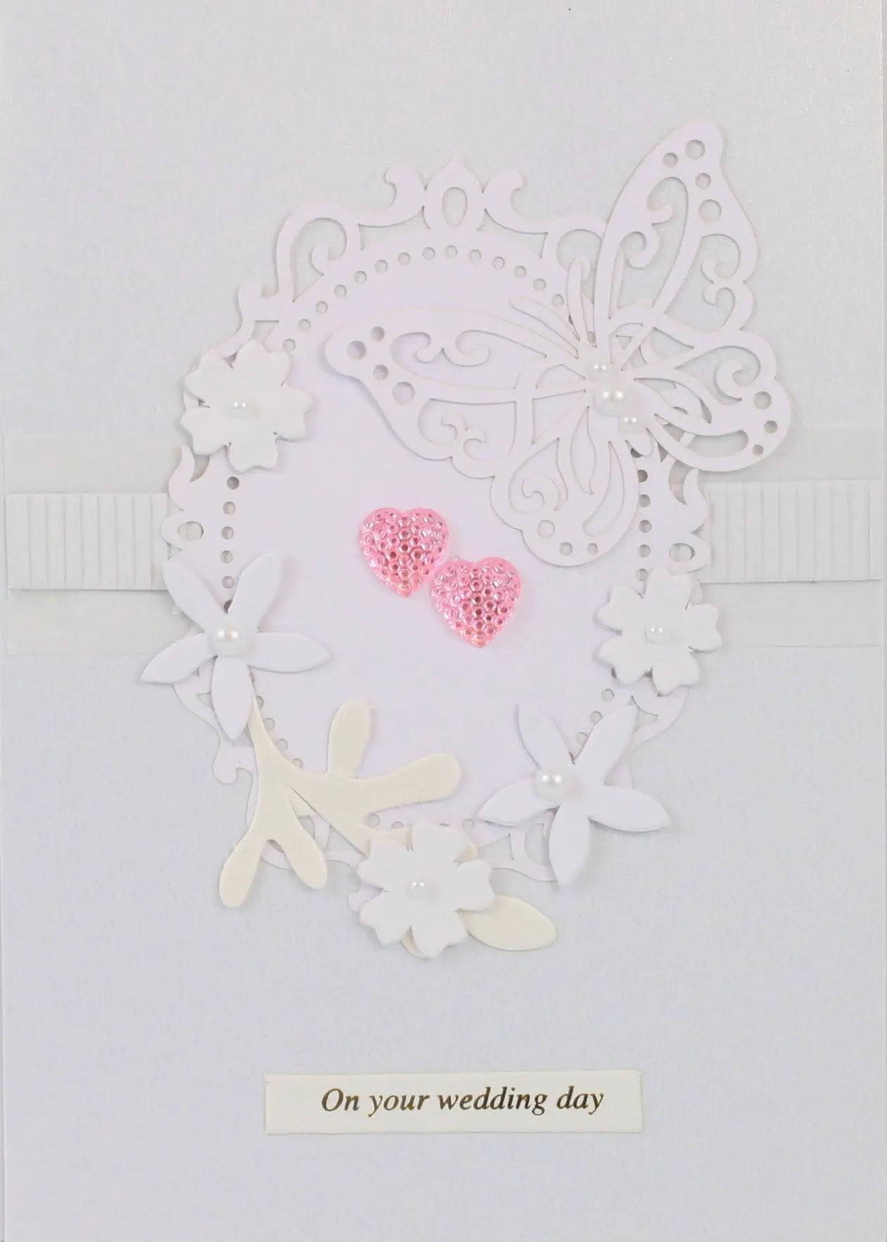 Handmade wedding card with white butterfly and two pink hearts by The Country Christmas Loft on Tampa Home & Garden Store