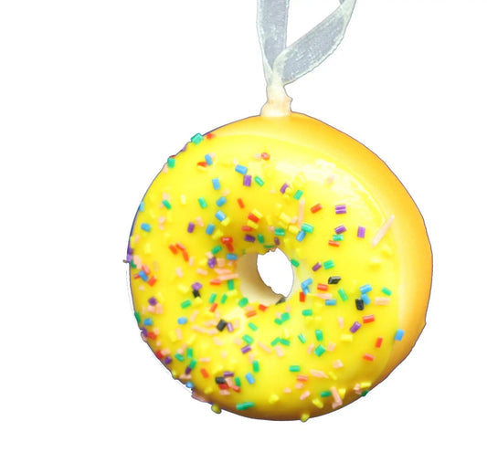 Foam Donut Ornament yellow frosted with multicolor sprinkles and ribbon hanger on Tampa Home & Garden Store