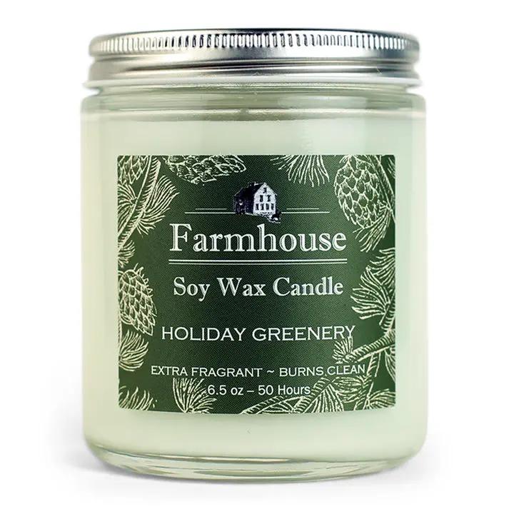 Sweet Grass Farm 6.5 oz soy wax candle Holiday Greenery in a glass jar with green label on Tampa Home & Garden Store