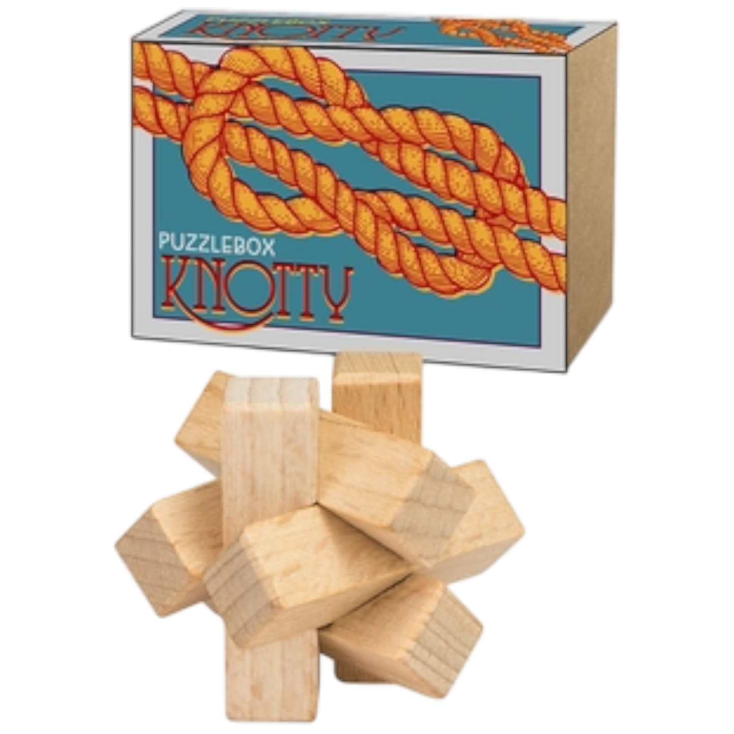 Puzzlebox Knotty Brainteaser gift box with orange rope knot on teal label, wooden blocks on Tampa Home & Garden Store