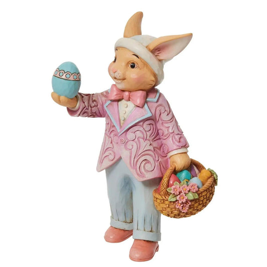 Pint Size Bunny with Egg Figurine Jim Shore in pink jacket holding blue egg and basket on Tampa Home & Garden Store