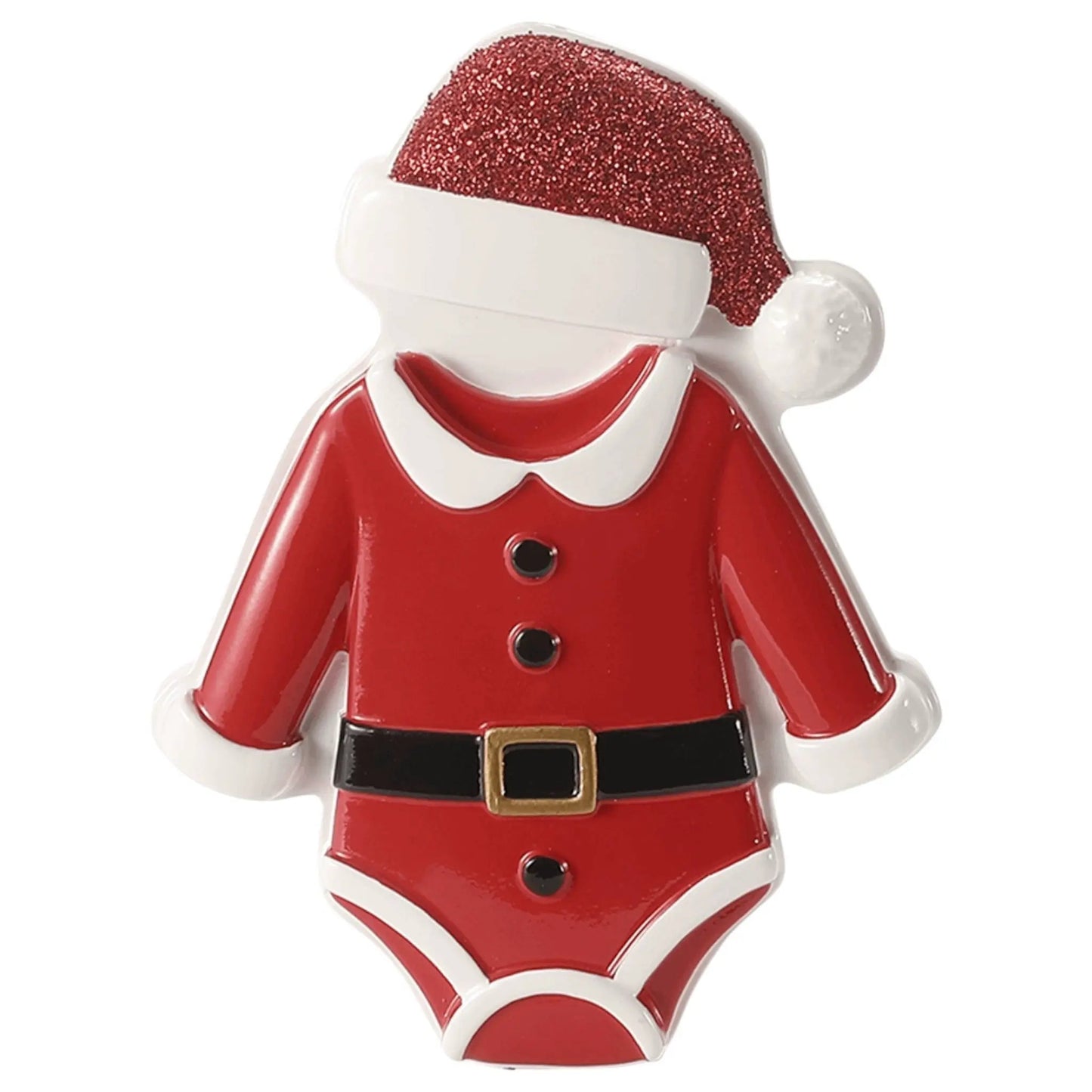 Santa Onesie Baby Ornament with Glitter Hat, red suit with white trim and black belt on Tampa Home & Garden Store