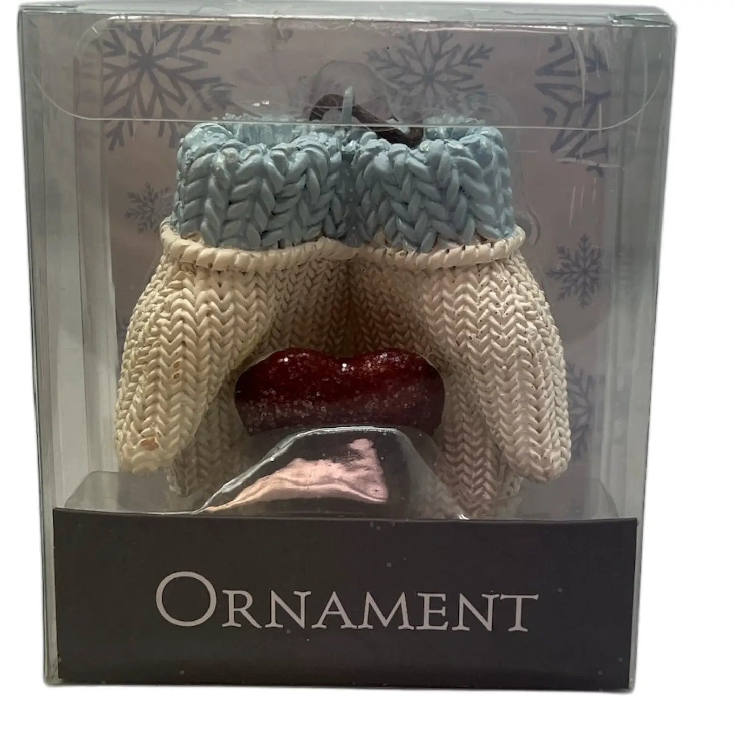 Christmas Mittens with Heart Ornament beige knit blue cuff box Country Christmas Loft on Tampa Home & Garden Store