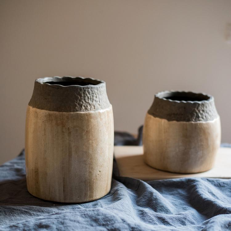 Khaki coarse pottery jar set by RusticReach, two ceramic vessels with rough textured rims on Tampa Home & Garden Store