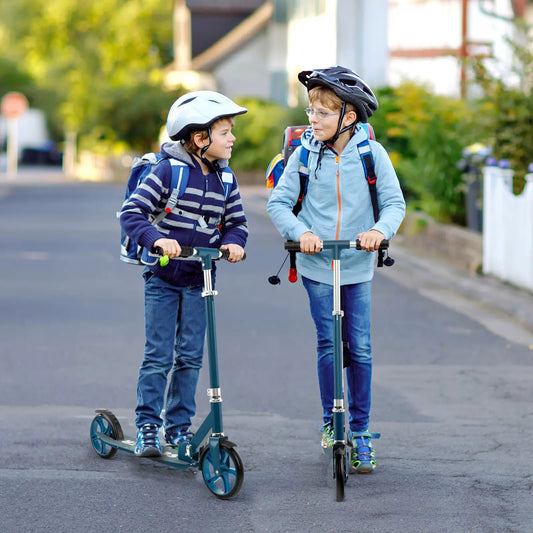 DirectDeals folding aluminum scooter with adjustable heights, teal frame, two kids on scooters on Tampa Home & Garden Store