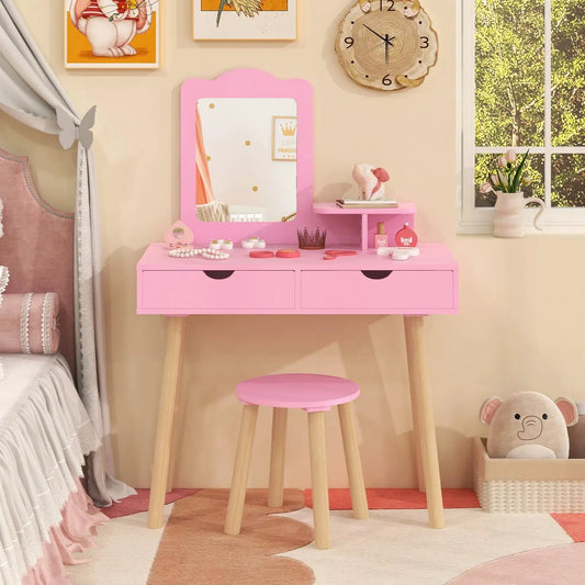 Pink kid vanity table with mirror and two large drawers, includes matching pink stool on Tampa Home & Garden Store