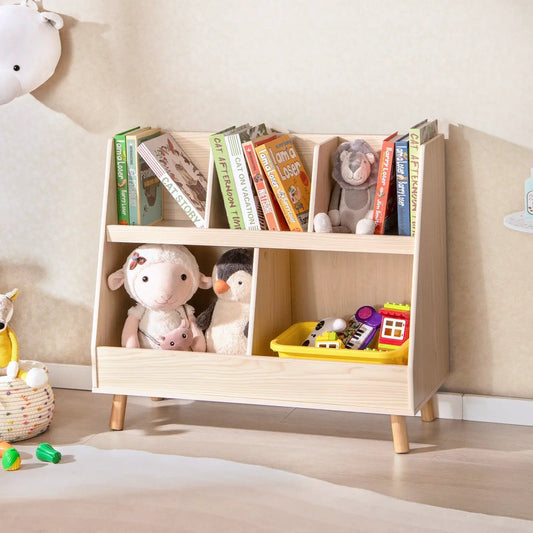 5-Cube Kids Bookshelf and Toy Organizer in light wood with books and plush toys on Tampa Home & Garden Store