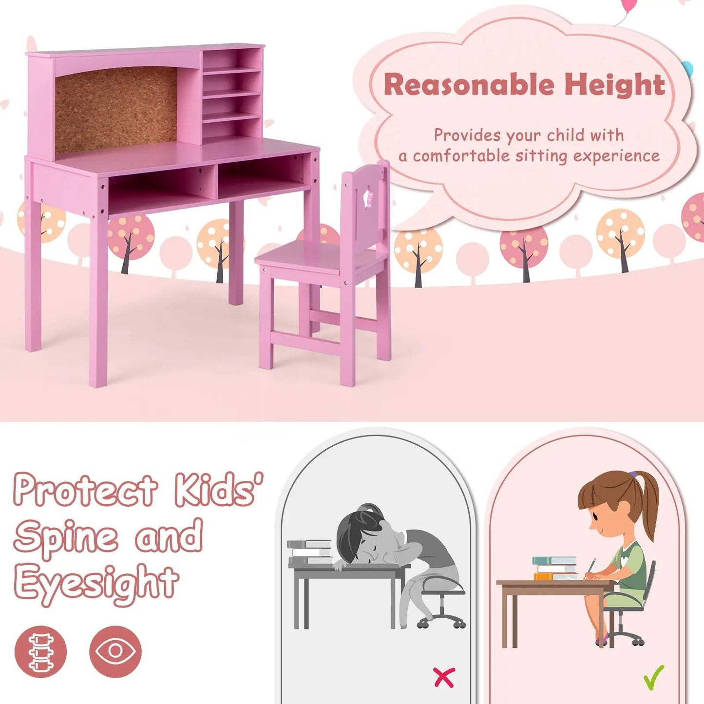 Pink two-piece desk and chair set with hutch and cubby storage for three on Tampa Home & Garden Store