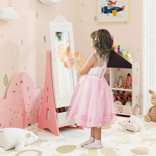 Kids jewelry cabinet with full-length mirror and fold-out drawer white with pink accents on Tampa Home & Garden Store