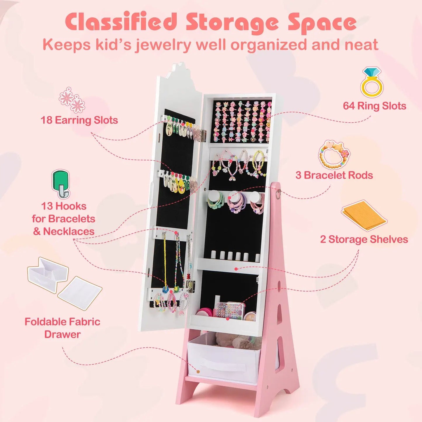 Kids jewelry cabinet with mirror in pink and white, full-length mirror and foldable drawer on Tampa Home & Garden Store