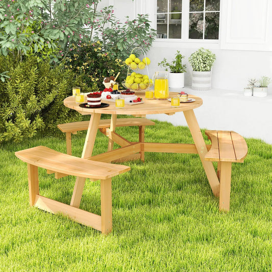 Wooden round picnic table with attached benches and umbrella hole, natural finish DirectDeals on Tampa Home & Garden Store