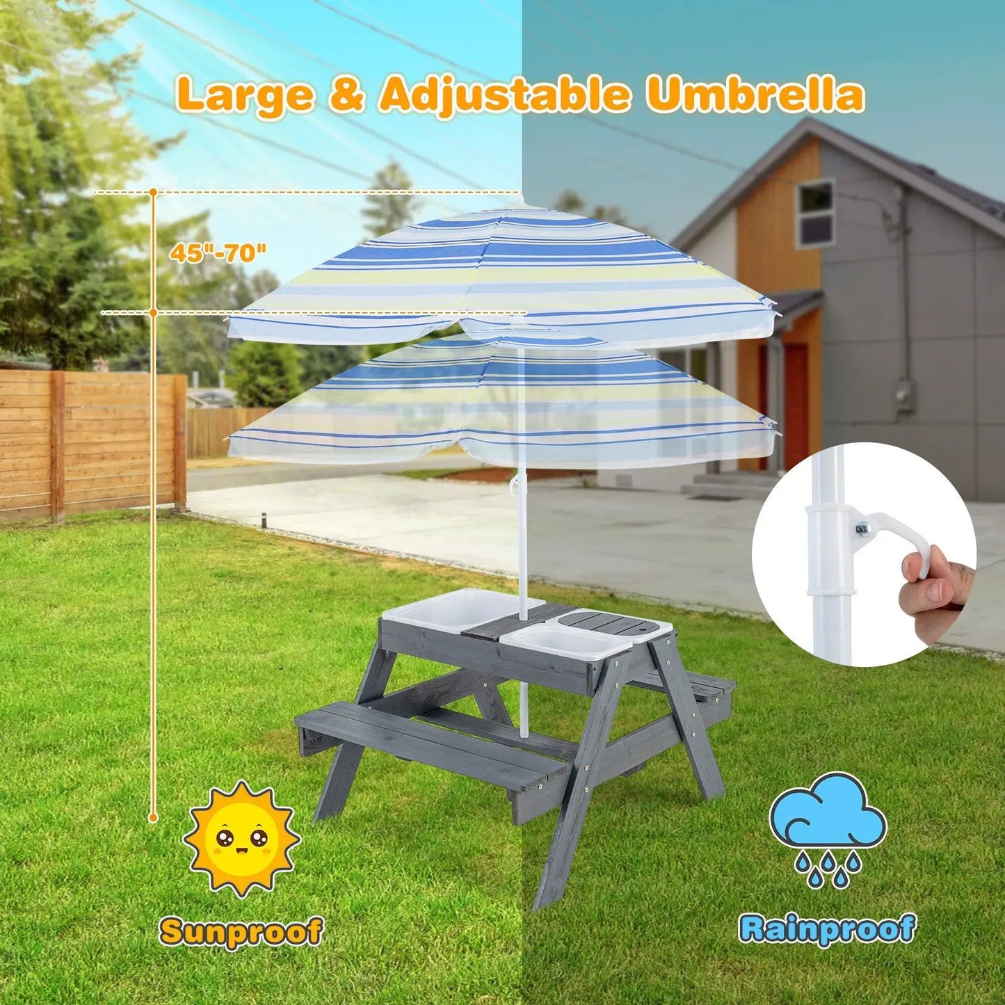 Kids picnic table set with 3 removable gray bins on a gray wooden table on Tampa Home & Garden Store