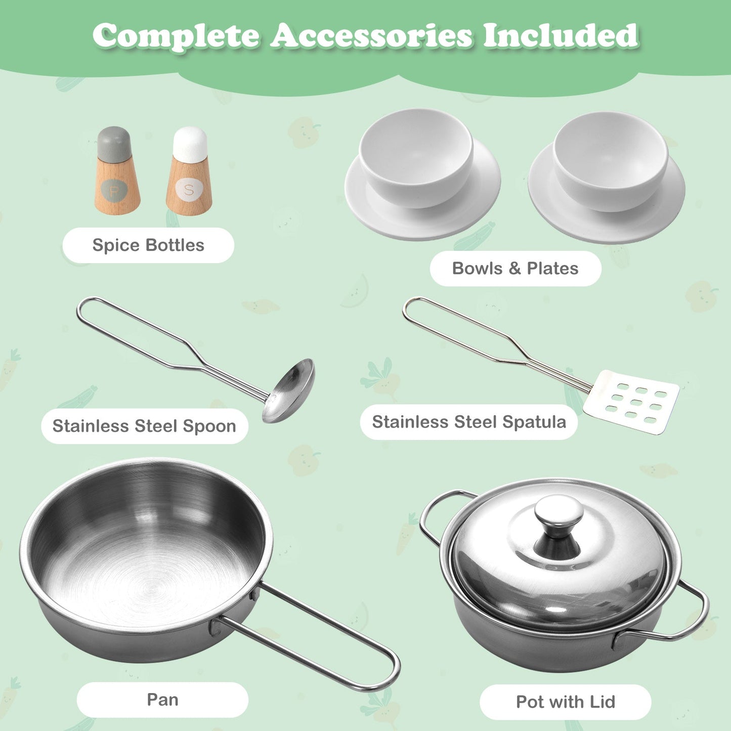 Double Sided Kids Kitchen Playset accessories gray 2 spice bottles, bowls & plates on Tampa Home & Garden Store