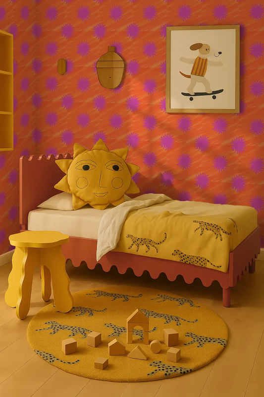 Sol Wallpaper orange and magenta with bold sunburst pattern for kids room on Tampa Home & Garden Store