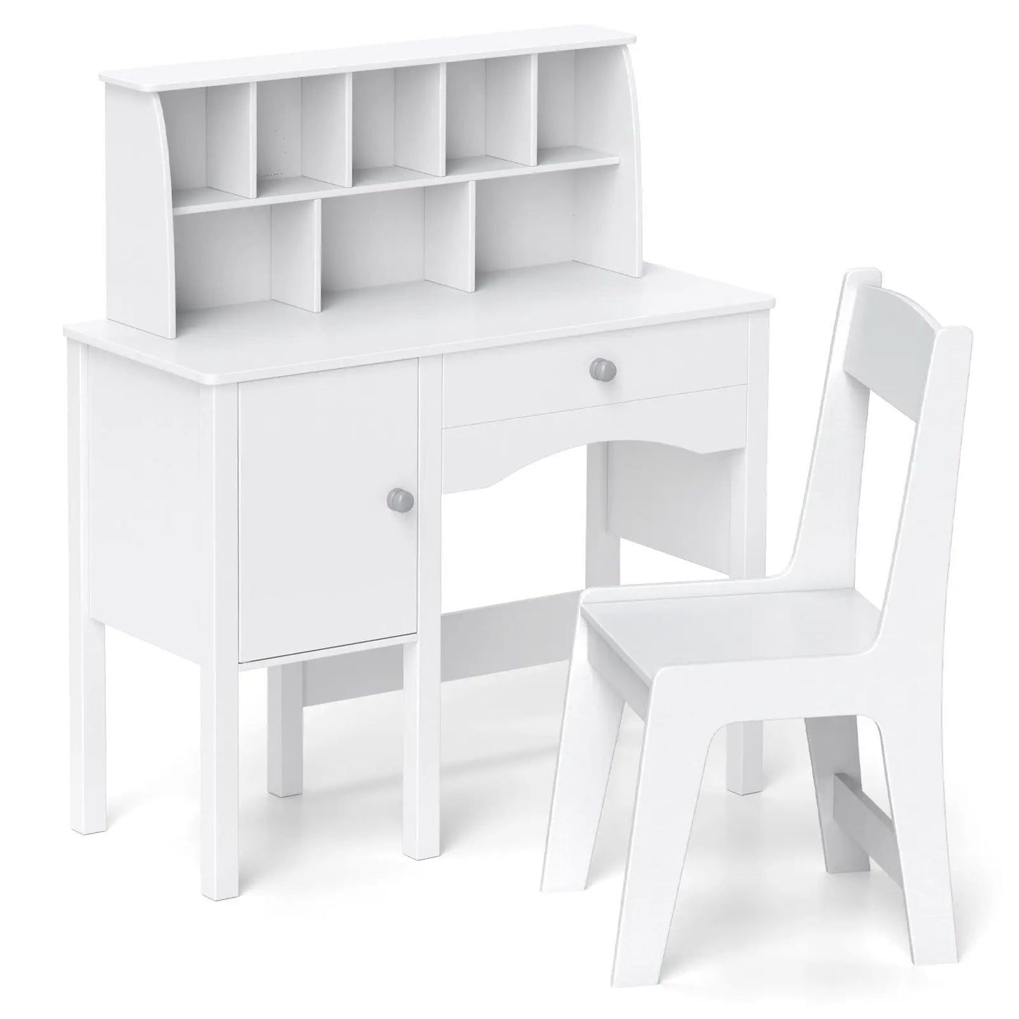 Kids study desk and chair set in white finish with hutch storage cubbies on Tampa Home & Garden Store