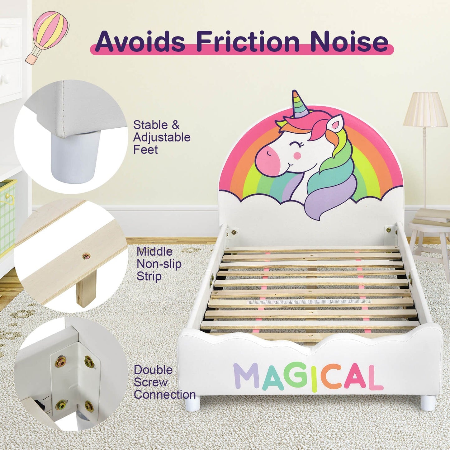 Children Twin Size Upholstered Platform Bed with unicorn rainbow headboard and wood slats on Tampa Home & Garden Store